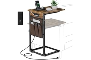 Vagusicc C Shaped End Table with Charging Station, Adjustable Height Side Table for Couch, Small Sofa Table with Storage Bag, Slide Under Sofa TV Tray Snack Arm Tables for Living Room, Bedroom, Brown