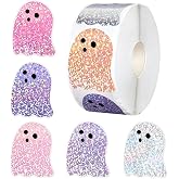 500Pcs Halloween Ghost Stickers Roll Laser Cute Boo Ghost Self-Adhesive Stickers Holographic Waterproof Decals for Halloween Party Envelope Scrapbook Decor Supplies Halloween Party Favor （C784-3