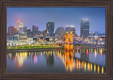 Amazon Com Cincinnati Ohio City Skyline At Night A 9012058 18x12 Giclee Art Print Gallery Framed Espresso Wood Posters Prints