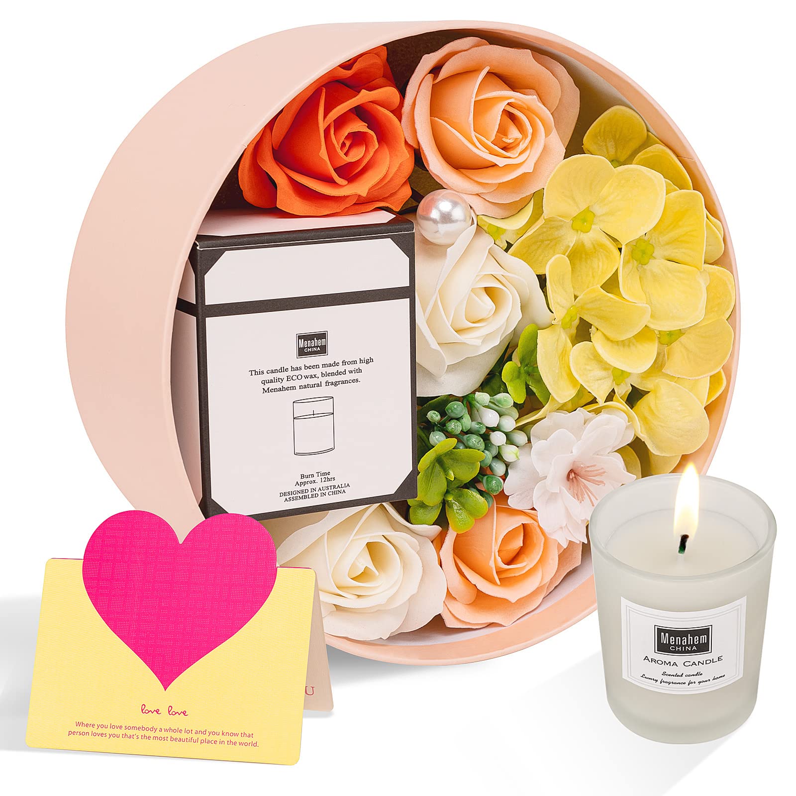 ANBET Women Soaps Flower Round Box with Scented Candle Personalised Gifts for Mum Roses Flowers Birthday Mothers Valentines Teachers Day Anniversary Christmas