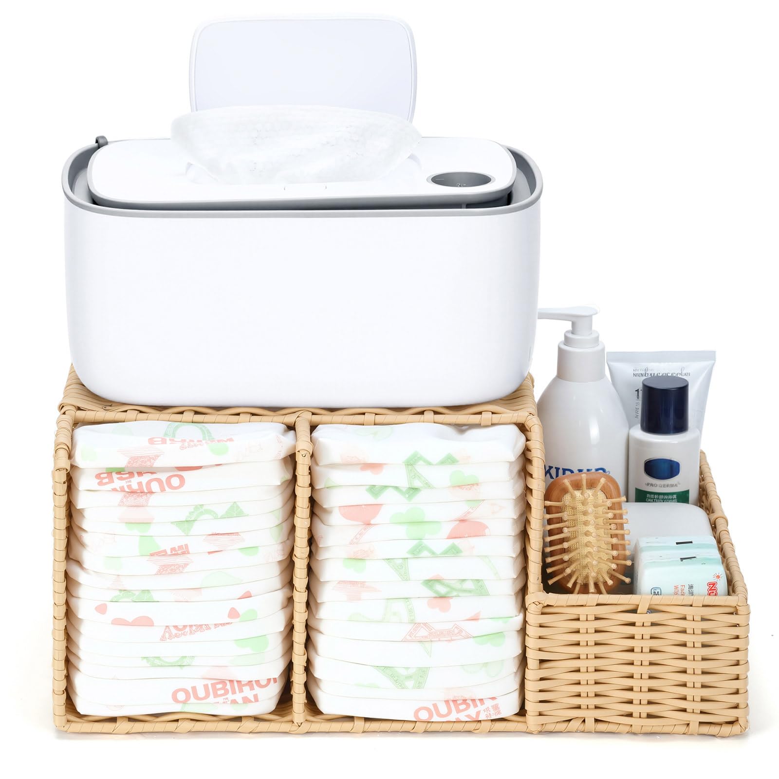 Photo 1 of Klippehop Diaper Caddy Organizer, Hand Rattan Nursery Storage Basket for Baby Essentials, Baby Changing Table Organizer Perfect Nursery Assistant (Hollow Rattan, M)