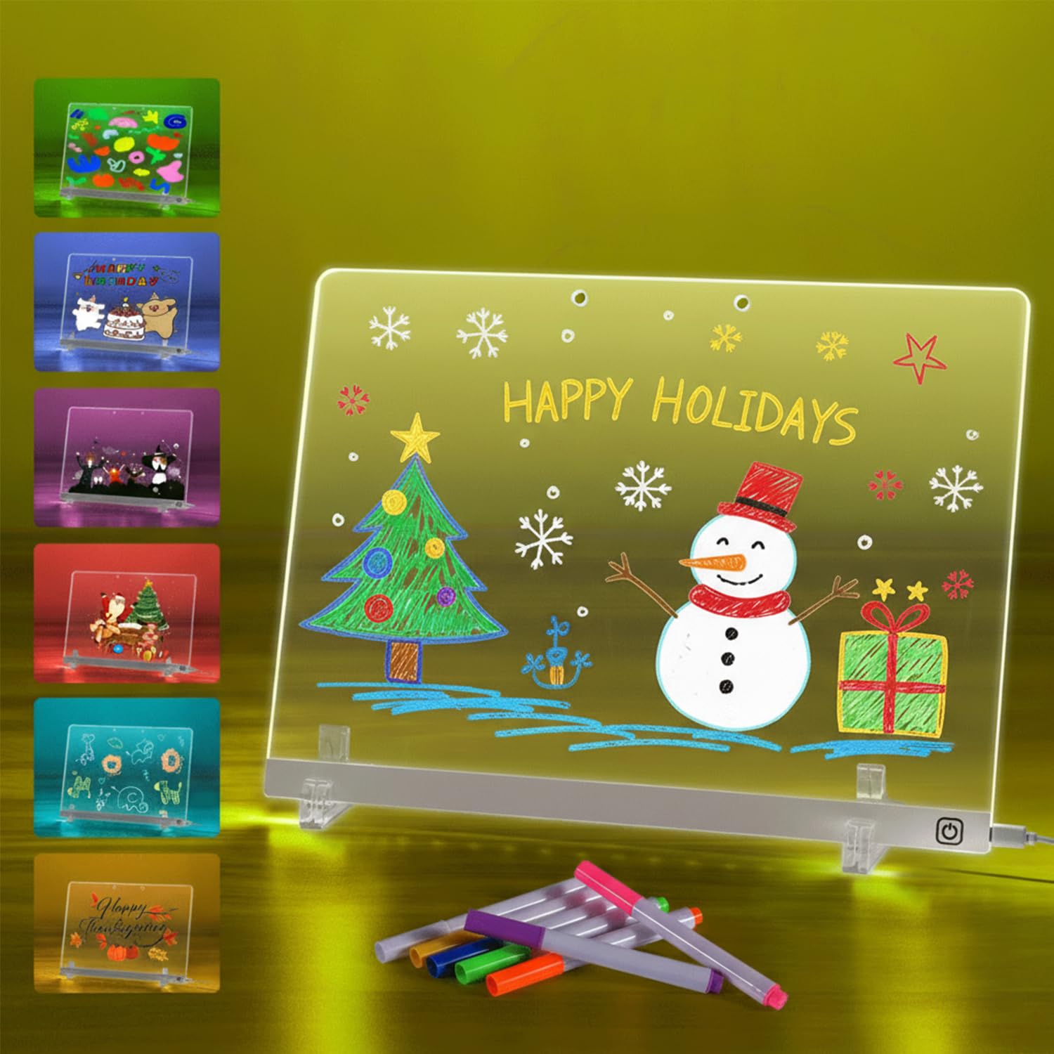 Photo 1 of LED Doodle Glow Note Board 13.7"X10" – Light Up Acrylic Dry Erase Message Drawing with 7 Colors, Dynamic Modes, 7 Pens, Invisible Stands, Hanging Kit – Fun Whiteboard for Home, Office, Kitchen