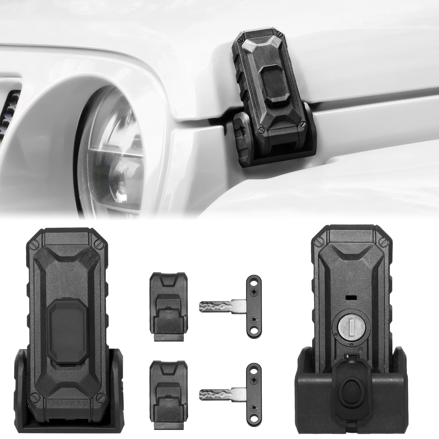 Photo 1 of Locking Hood Latch with Keys, Jeep Hood Latch Compatible with 2018-2025 Jeep Wrangler JL JLU 4XE Jeep Gladiator JT, Anti-Theft Hood Lock Catch Latch Accessories, Dust & Water Resistant, 1 Pair, Black