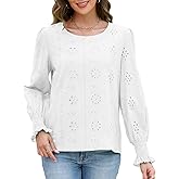 Women's Blouses Long Sleeve Embroidered Eyelet Tops with Lining Dressy Sheer O Neck Cotton Shirts Elegant Blouses 2025