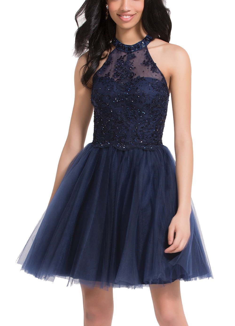 blue halter cocktail dress