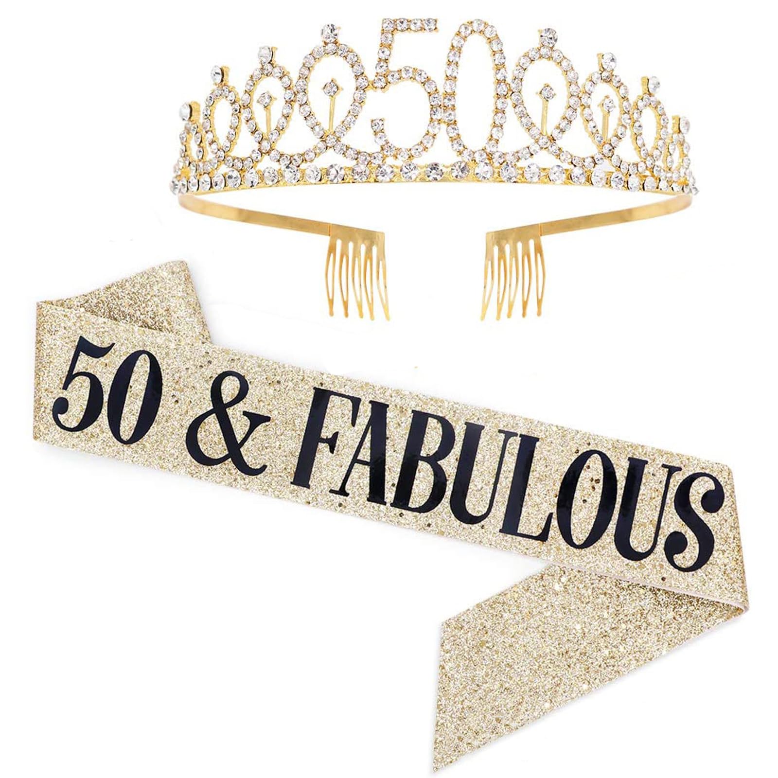 HRLORK 50th Birthday Sash and Rhinestone Tiara Birthday Crown Personalised Party Decorations Birthday Party Supplies for Women Gifts — image 1
