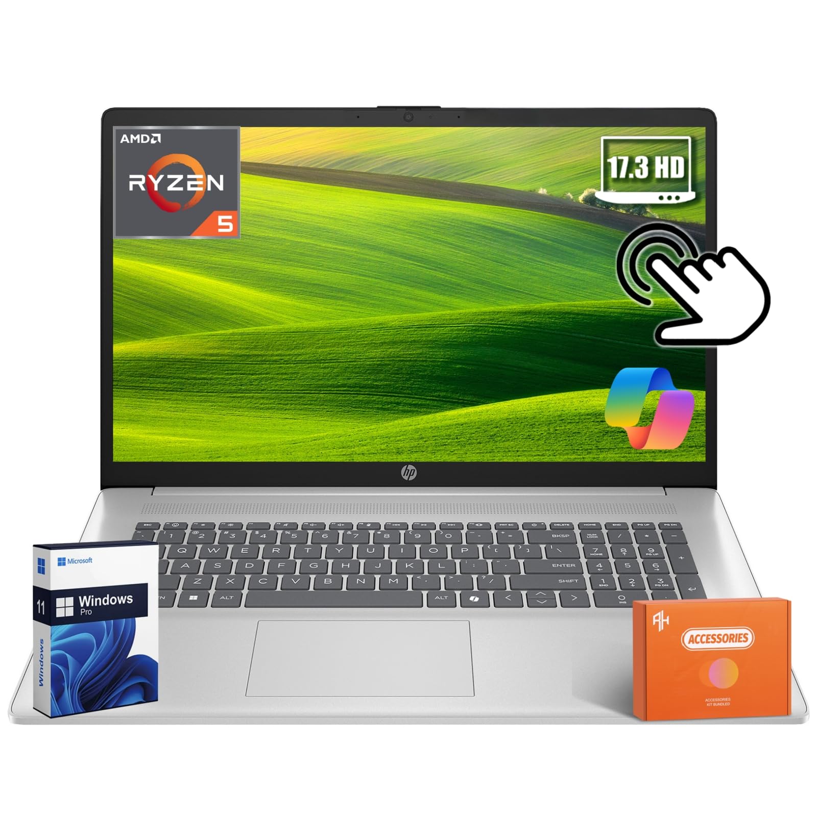 HP Flagship 17" Touchscreen 2025 Laptop Computer, AMD Ryzen 5 7430U (Up to 4.3GHz), 17.3 inch Anti-Glare Touch Screen, 32 GB RAM, 1 TB SSD, Bluetooth 5.4, Copilot AI, Fast Charge, Windows 11 Pro Image
