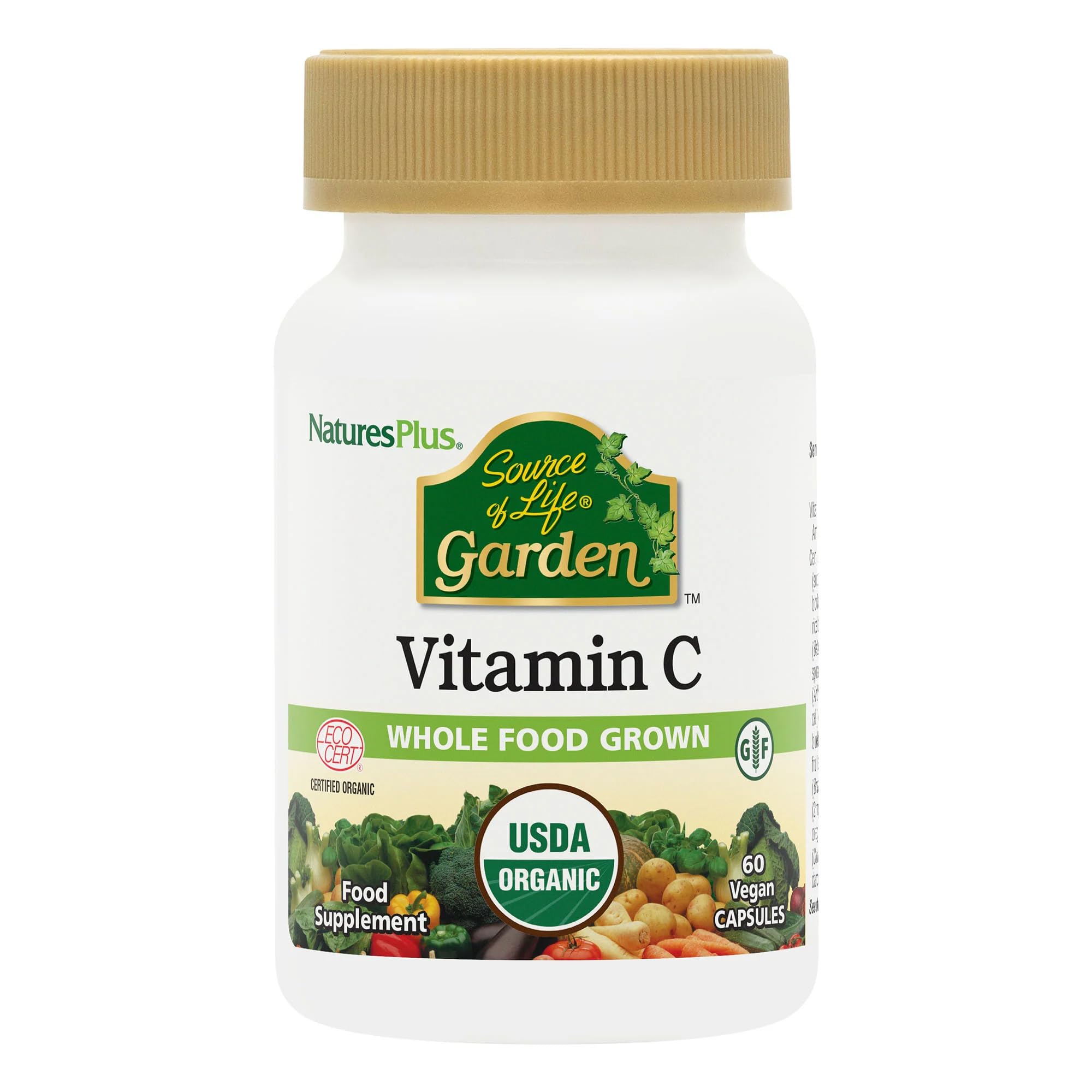 NaturesPlus Source of Life Garden Organic Vitamin C - Gentle Vitamin C from Amla Fruit with Bioflavonoids - Collagen, Beauty, Immune Support - Vegan, Gluten Free - 60 Capsules