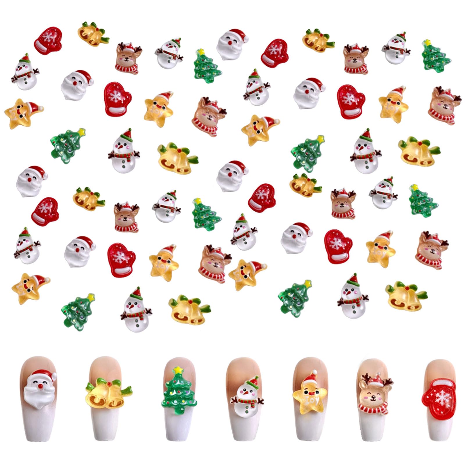 Christmas Nail Charms, 70 Pcs Cute Cartoon Santa Claus Snowman Elk Bells Xmas Tree Nail Art Decorations, 3D Christms Nail Art Charms for Manicure DIY Crafts Jewelry Accessories (Mixed-A)