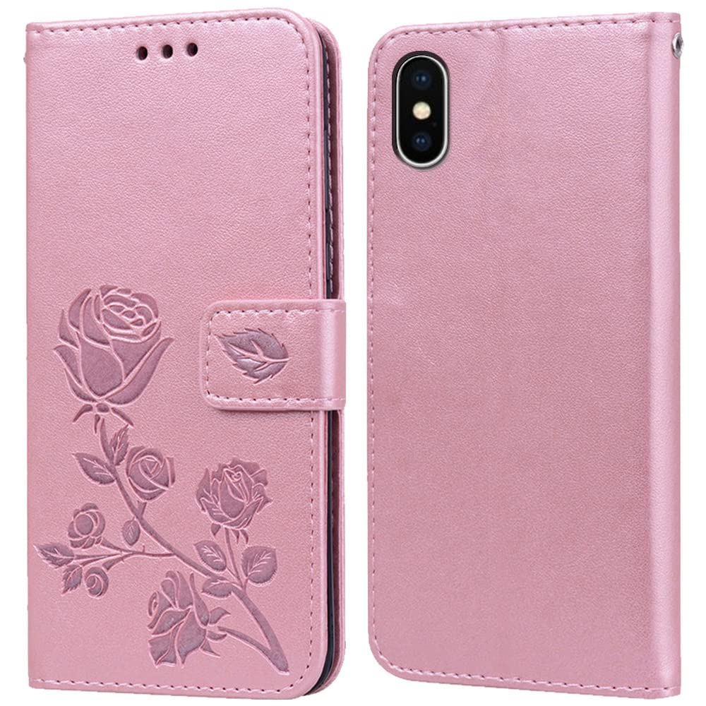 PKQTOP Phone Case for iphone X/XS with Kickstand,Card Slots,Silicone Bumper,Shockproof,Flip Wallet Leather Protective Cover for iphone X/XS(5.8'') Pink