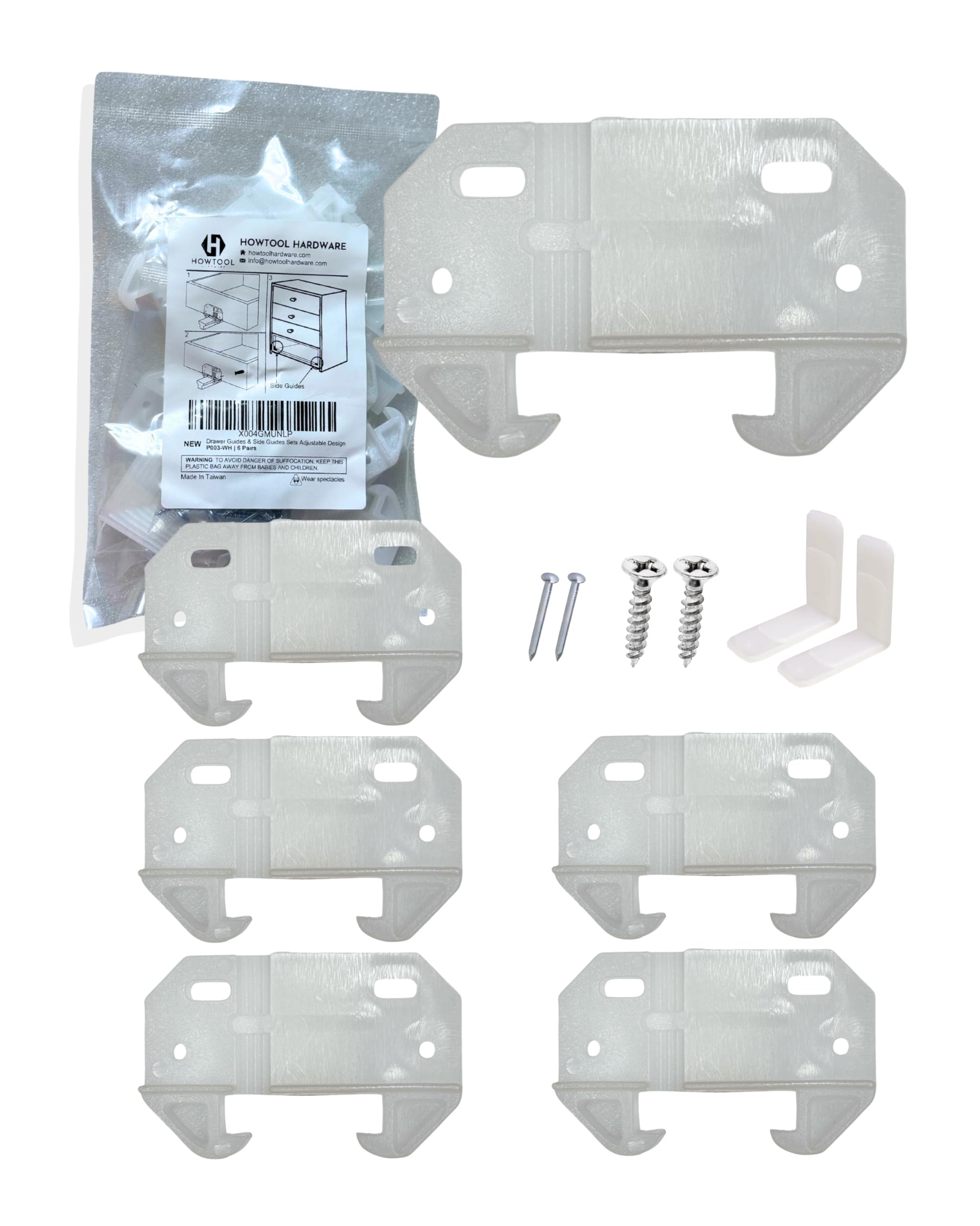 Photo 1 of Adjustable Drawer Guides L Angle White Drawer Track Guides with Screws 6 Pairs 12 Pcs Drawer Rail Support Furniture Repair Replacement for Dressers Cabinets Wood Drawers HOWTOOL