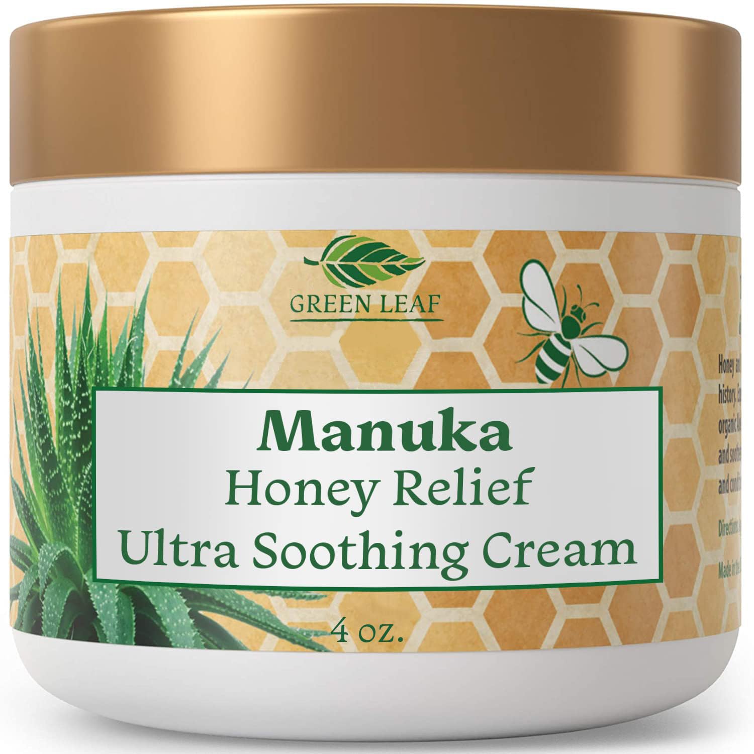 Green Leaf Naturals Manuka Honey Face Cream - 4oz -Aloe Vera - Jojoba Oil Infused - Body Cream - Gluten Free Moisturizer for Kids & Adults - Nourishing Skin Care