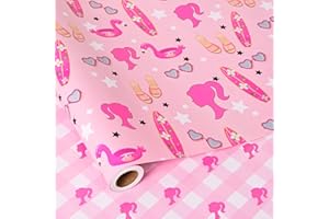 Vnaaem Reversible Girl Princess Wrapping Paper Roll for Girls Women - Pink Birthday Gift Wrap with stars, Plaid for Holiday Baby Shower Wedding Bridal Shower DIY Craft Party - 17 in x 20 ft(Total 28.5sq.ft)