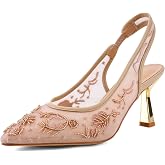 ZBOT Women's Lace Mesh Heeled Sandals with Back Strap, Embroidered Kitten Heels, Pearl Embellished Bridal Heels, Open Toe Backless Sandals