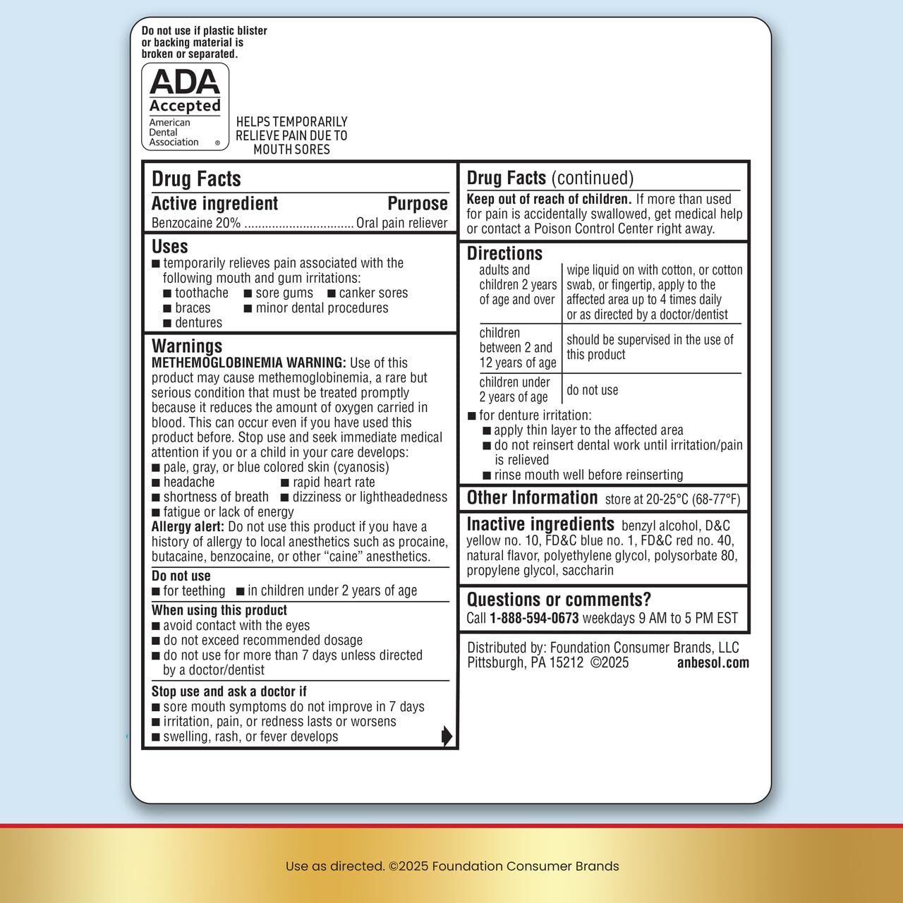 Anbesol Maximum Strength Liquid, Instant Oral Pain Relief for Toothaches, Mouth Sores*, Gum, Braces & Denture Pain, ADA Accepted, 0.41 oz