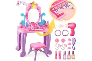 MOEAWS Vanity Makeup Table Toy for Kids, Toddler Girl Pretend Play Makeup Accessories- Princess Dress Up Set, Music Piano & Lights, Adjustable Mirror, Hairdryer, Mermaid Table & Chair Kit, Birthday Gift