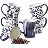 HASENSE Coffee Mugs Set of 6, 16OZ Ceramic Coffee Cups, Mugs Set of 6 | Blue and White Floral Patterns,Large Coffee Cups for Coffee, Tea, Latte, Microwave &amp; Dishwasher Safe, Vintage Blue