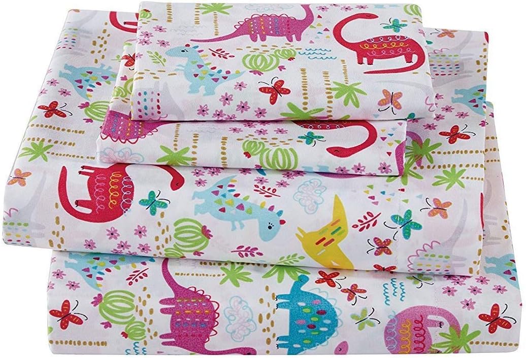 Elegant Home  Pink White Blue Green Purple Dinosaurs World 3 Piece Printed Sheet Set with Pillowcases Flat Fitted Sheet for Girls/Kids/Toddlers (Dinosaur Pink, Crib)