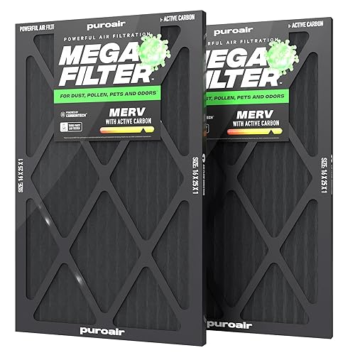 PuroAir Mega Filter - MERV 13 16x25x1 Air Filters For Home With Activated Carbon - Filters Allergens, Pet Dander, Smoke, Dust - Furnace and AC Filters - Air Filters 16x25x1 MERV 13 (2 Pack)