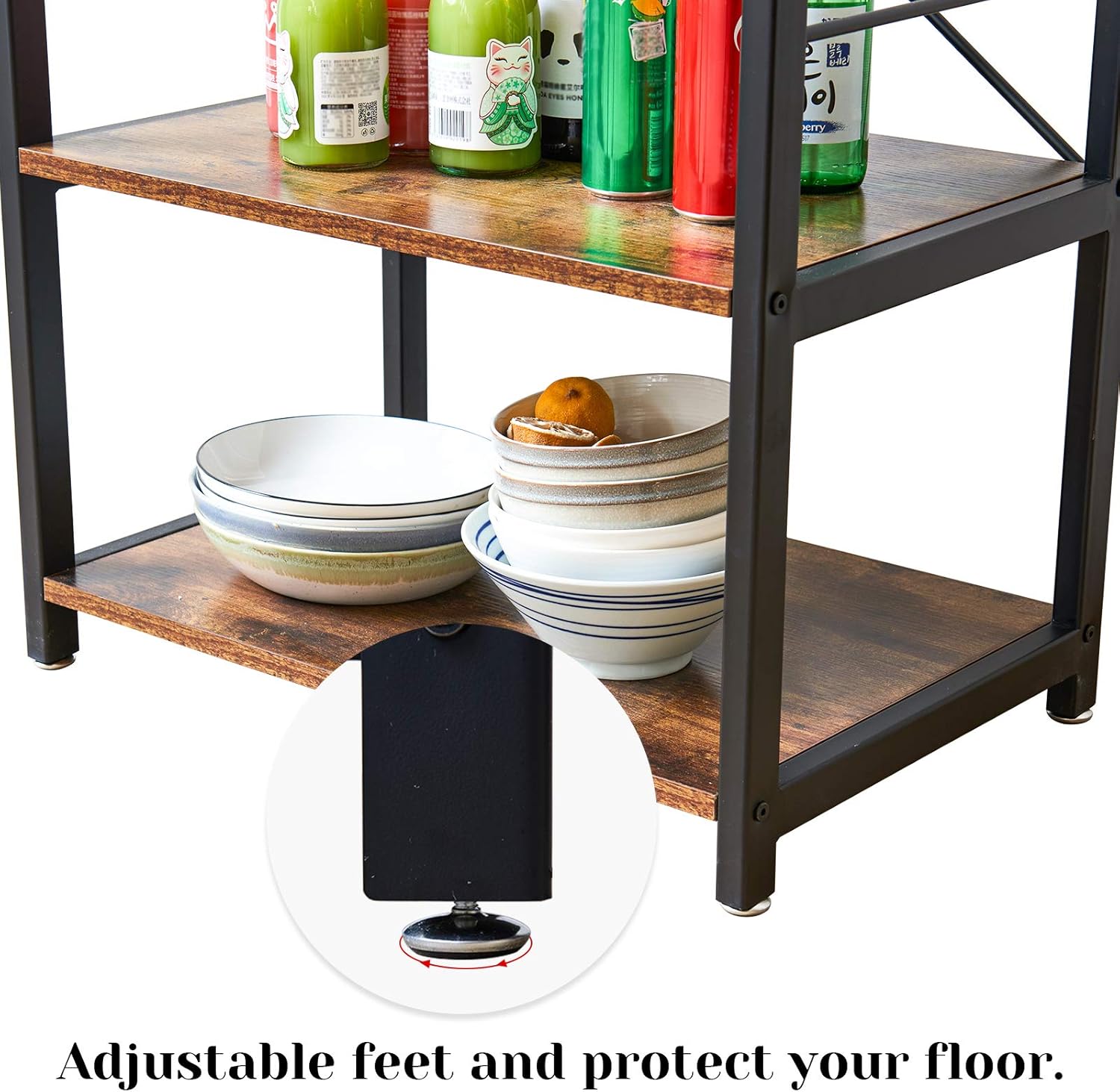 YMYNY Industrial Microwave Oven Stand, 3-Tier Kitchen Baker's Rack with Metal Frame and 6 Hooks, Multifunctional Coffee Bar for Living Room Decoration, Rustic Brown UTMJ022H - Standing Baker's Racks