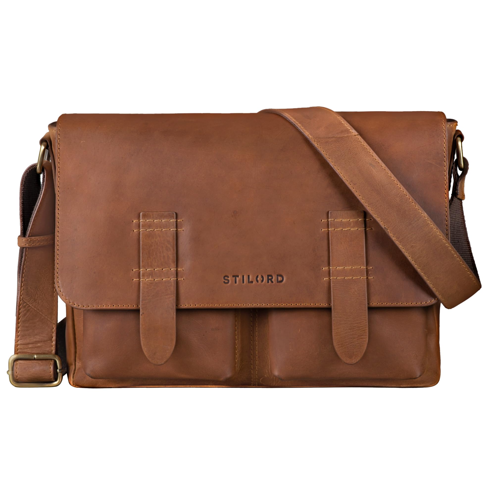 STILORD "Russell" Leather Messenger Laptop Bag Vintage Shoulder Bag for 13,3 Inch MacBook Briefcase Satchel in Genuine Leather Colour:taranto - Brown