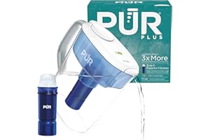 PUR Plus 11-Cup Water Pitcher, 1 Lead-Reducing Filter, Cleaner, Great-tasting Water, Dishwasher Safe, Powerful Filtration, Filter Change Light Indicator, LockFit Cap Design - White