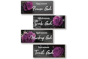 ONIZHITY 4Pcs Purple Bathroom Decor Religious Wall Art Bible Verse Inspirational Purple Rose Wall Decor Rustic Wooden Christian Sign for Home Bathroom Office Bedroom Living Room Kitchen(Purple 10x4")