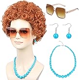 AMZCOS Women Red Orange Costume Wig with Glasses Necklace and Earrings Short Curly Afro Hair Wigs for 70s Romp Cosplay Halloween Party (Orange)