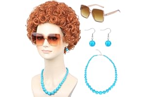 AMZCOS Women Red Orange Costume Wig with Glasses Necklace and Earrings Short Curly Afro Hair Wigs for 70s Romp Cosplay Halloween Party (Orange)