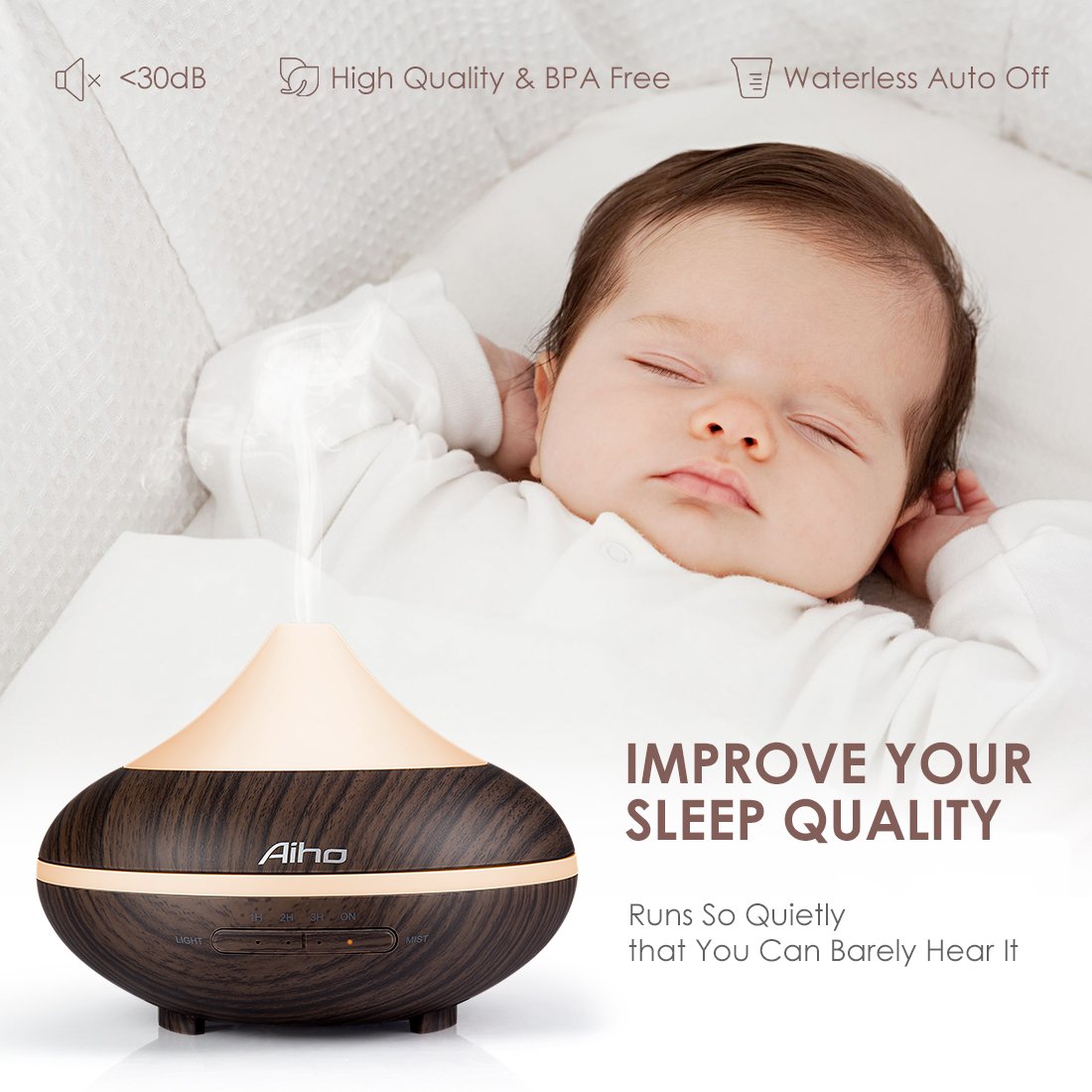 Aiho Aromatherapy Essential Oil Diffuser 200ML 5-IN-1 Cool Mist Mini Ultrasonic Humidifier With 7 Color Changing Lamps 4 Timer Settings and Waterless Auto Shut-Off