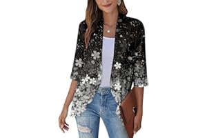 EKVAHL Lightweight Summer Cardigan for Women V Neck 3/4 Sleeve Ruffle Edge Open Front Eleagnt Print Casual Beach Cover Up