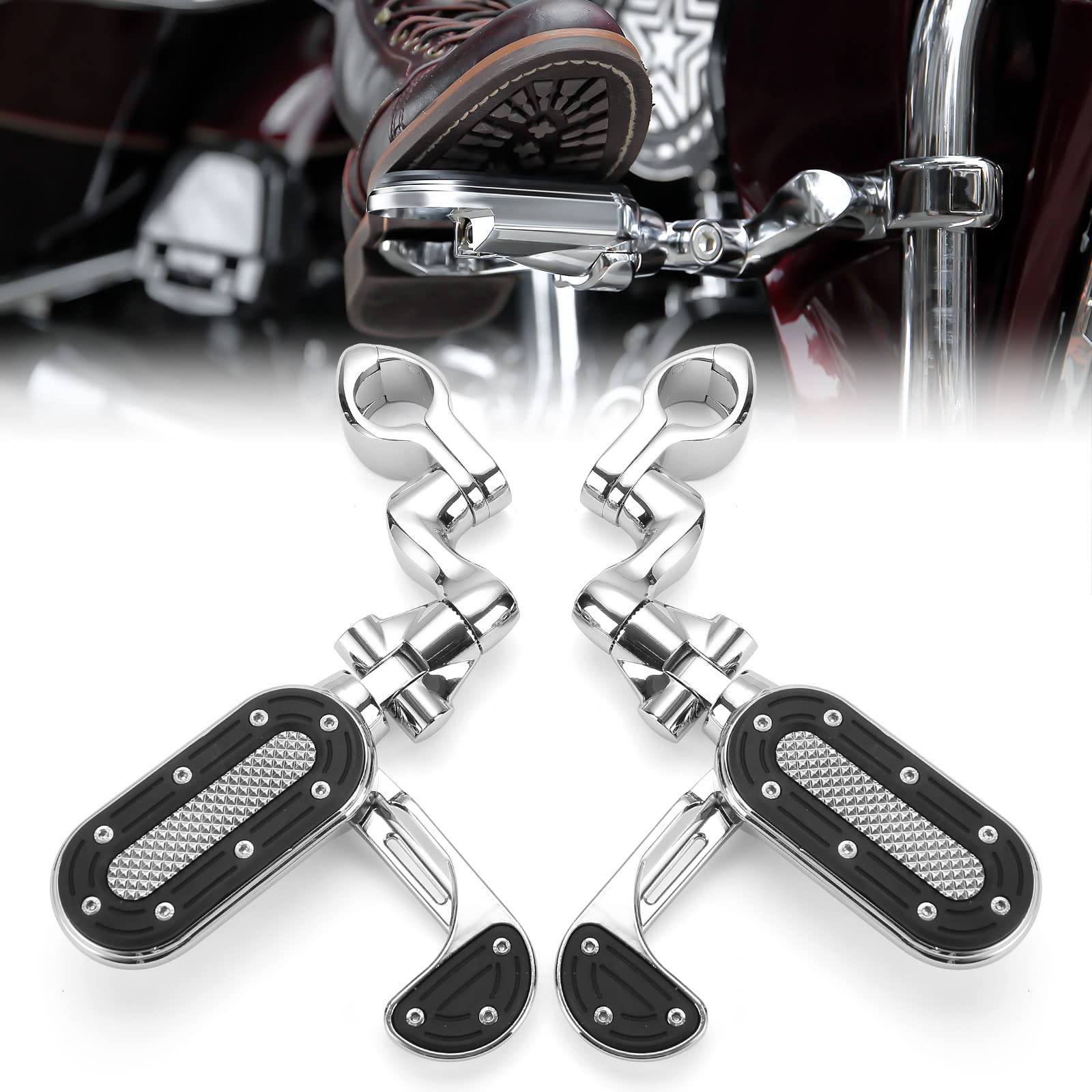 Photo 1 of KEMIMOTO Motorcycle Highway Pegs with Flip-out Heel Rests for 1.25" Engine Guard Adjustable Foot Pegs for Road Street Glide Sportster Road King Electra Glide with 1-1/4" Highway Bar Chrome