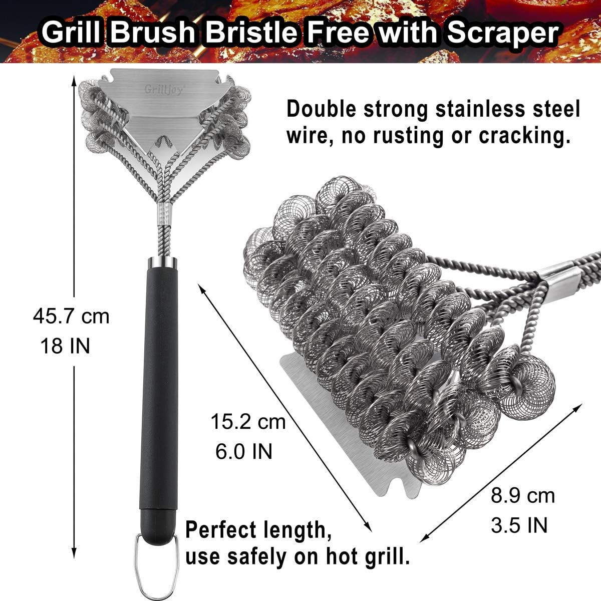 grilljoy 18in Grill Cleaning Brush Bristle Free - Safe BBQ Cleaning Grill Brush with Extra Wide Scraper for Gas/Charcoal Porcelain/Ceramic/Iron/Steel Grill Grates- Ideal BBQ Grill Accessories: Home & Kitchen