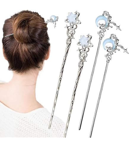 4PCS Star Moon Hair Sticks for Buns Long Hair Chinese Hanfu Asian