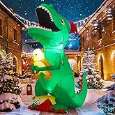 GOOSH 6.5 FT Christmas Inflatables Dinosaur Outdoor Decorations Blow Up Yard T Rex with Xmas Hat Holding a Bear with Built-in LEDs for Garden Lawn Indoor Party Décor
