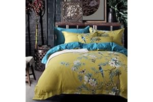 MKXI Generous Print Duvet Cover Blossoming Branches with Cute Birds Pattern Yellow Comforter Case Zipper Closure Solid Teal Reversible Vintage Jungle Quilt Cover Queen