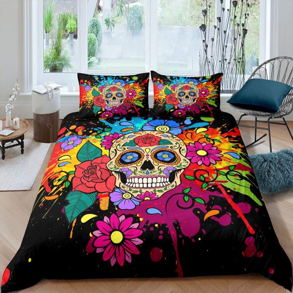 Homewish Gothic Watercolor Tie Dye Comforter Cover Kid Colorful Sugar Skull Bedding Set Rose Flower Duvet Cover For Child Youth Girly Decorations 2 Pcs With 1 Pillow Case Soft Comfortable Single Size — image 1