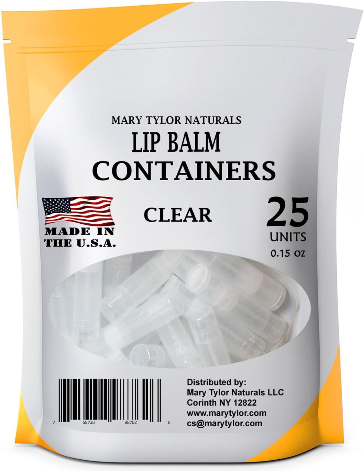 25 Clear Lip Balm Containers, Made in USA, Round Tubes, 100% BPA Free, with Clear Caps by Mary Tylor Naturals, for DIY Lipstick, homemade Lip Balm (25, Clear)