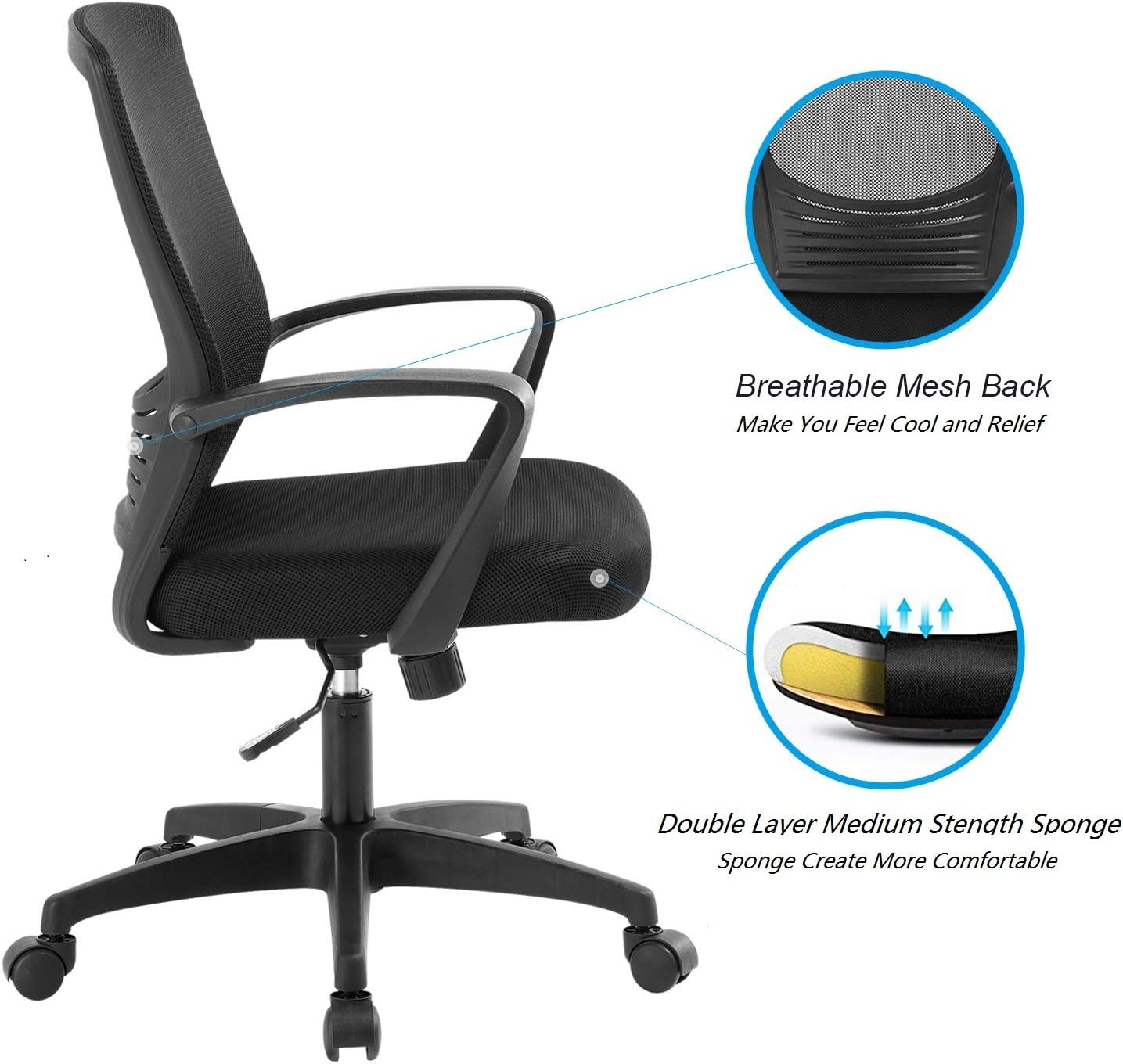 ZLHECTO Ergonomic Office Chair,Mid Back Mesh Chair Black,Computer Desk Chair with Adjustable Height and Mesh Rocking Back,Weight Hold Up to 250Ibs-Adjustable Chair for Conference Room-5 Years Warranty: Kitchen & Dining