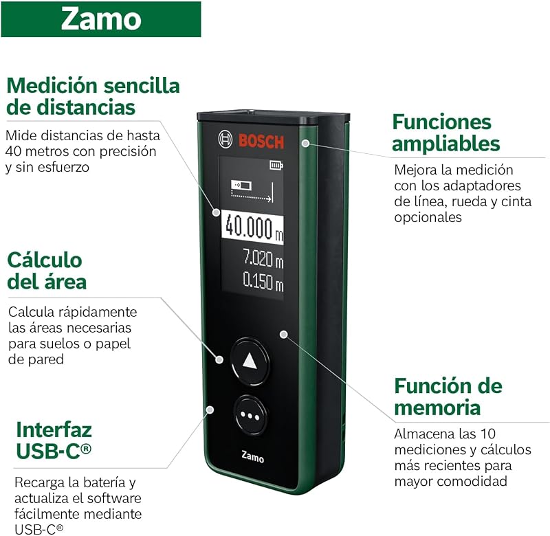 Medidor Laser Zamo (alcance até 40 m, recarregável USB-C, contém 10 medidas, compatível com acessórios, sem acessórios, incluindo pilhas AAA recarregáveis)