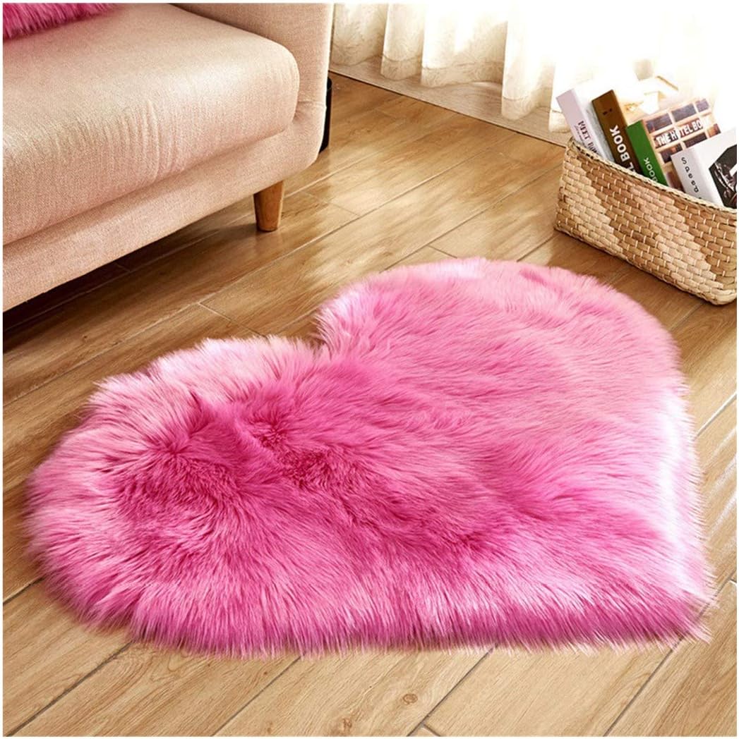 wuayi Floor Rug Artificial Sheepskin Wool Warm Hairy Soft Heart-Shaped Carpet Seat Mats Chair Cover Floor Mat for Dining Living Room Bedroom (Hot Pink)