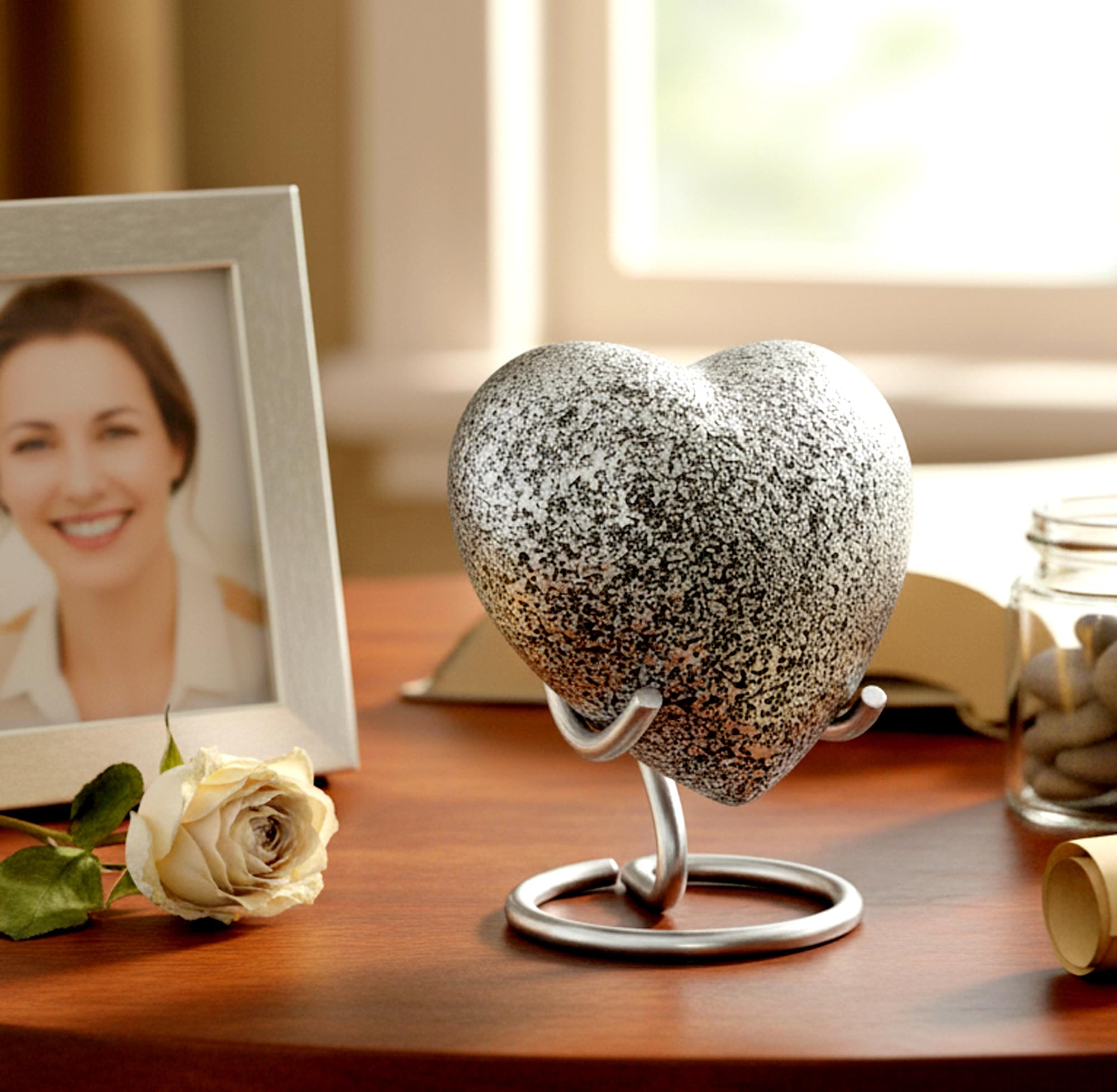 eSplanade Brass Mini Cremation Urn Heart-Shaped Keepsake Memorial Jar Pot Container | Small Urn for Funeral Ashes Burial | Textured Metal Keepsake with Stand | Silver - 2.75" Inches