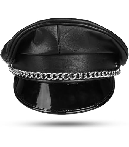 Leather Biker Cap Hat with Big Eagle, Studs Annd Chain Genuine