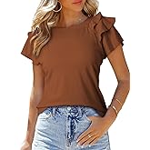 SHEWIN Womens Summer Tops Ruffle Short Sleeve T Shirts Casual Slim Fit