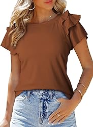 SHEWIN Womens Shirts Summer Ruffle Sleeve Crewneck