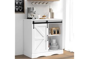 HOMFAMILIA 31.5" H Farmhouse Coffee Bar Cabinet w/Storage, White Kitchen Sideboard Buffet Cabinet with Sliding Barn Door, Rustic Accent Console with Adjustable Shelves, for Kitchen, Living Room