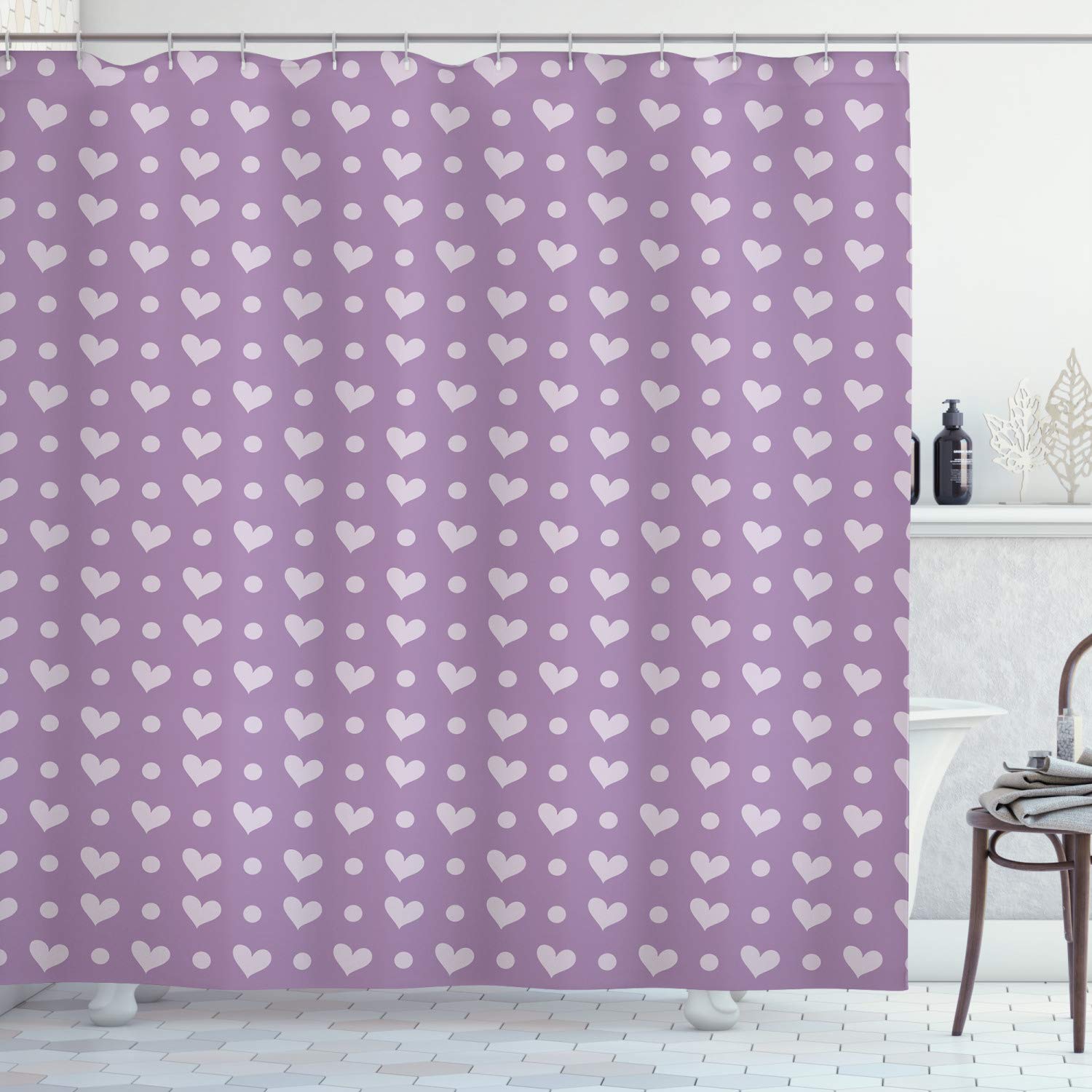 ABAKUHAUS Purple Shower Curtain, Valentine's Day Couple Wedding Bride Heart Design Image, Cloth Fabric Bathroom Decor Set with Hooks, 78 Inches, Lavender and Purple