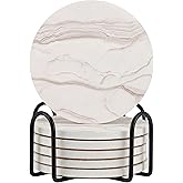 VEYRO Ceramic Coasters Set of 6 – Absorbent Stone Drink Coasters with Holder, Non-Slip Cork Backing, Modern Marble Look Coasters for Coffee Table, Desk & Home Decor