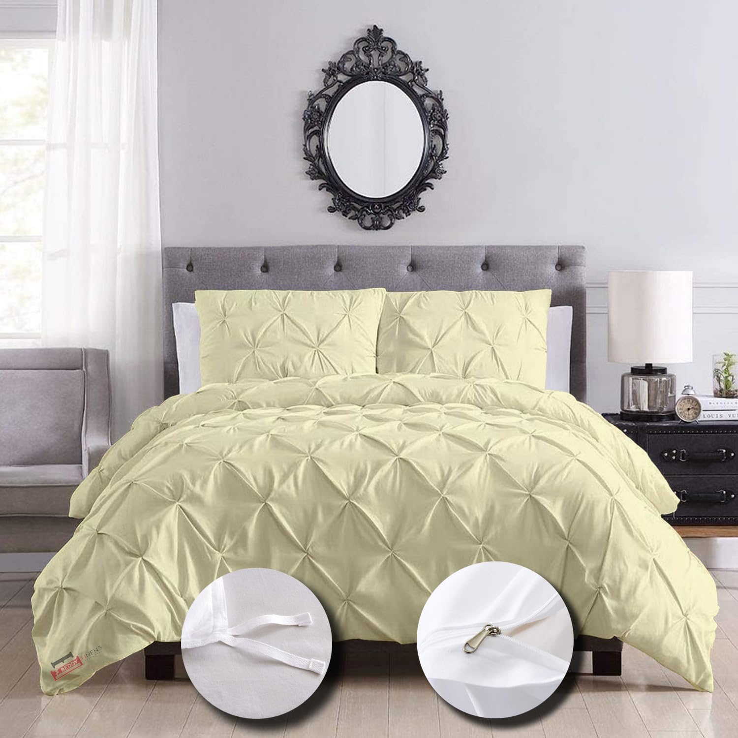 Photo 1 of eBeddy Linens Luxury Ivory Pinch Pleated Pintuck Duvet Cover Set Super King 108x98 Size Egyptian Cotton Luxury Soft & Breathable Comforter Cover with Zipper Closure & Corner Ties