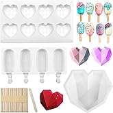 8.7 Inch Silicone 3D Diamond Heart Molds, 2 Pieces 4 Cavities Popsicle Molds Ice Pop Molds with 50 Pieces Wooden Stick, 8 Cup